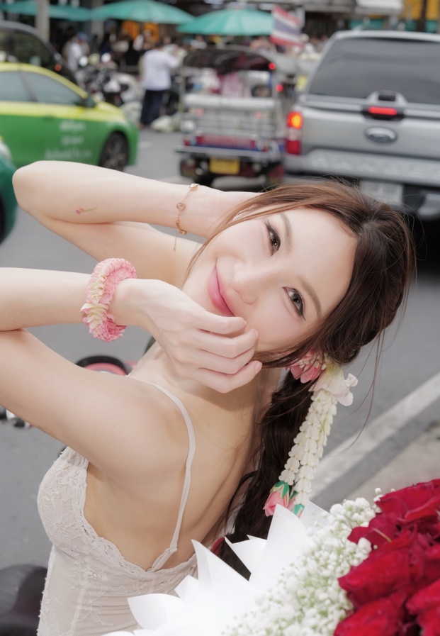 เบอร์รี่หญิง เน็ตไอดอลสาวสวยในชุดเดรสสีขาวถือช่อดอกไม้สดใส